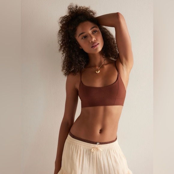 NWT FREE PEOPLE SLEEK RIB SCOOP NECKLINE LONGLINE BRA IN BROWN SIZE XS/S - Picture 3 of 12